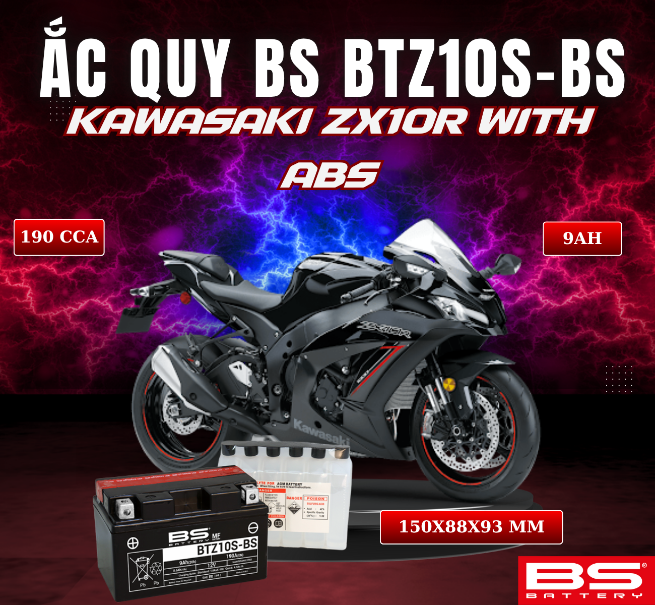 BÌNH ẮC QUY BS BATTERY BTZ10S-BS 190CCA KAWASAKI ZX10R WITH ABS (150 x 88 x 93 mm)
