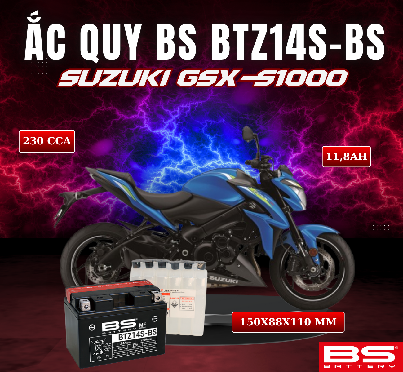BÌNH ẮC QUY BS BTZ14S-BS 230CCA SUZUKI GSX-S1000 (150x88x110 mm)