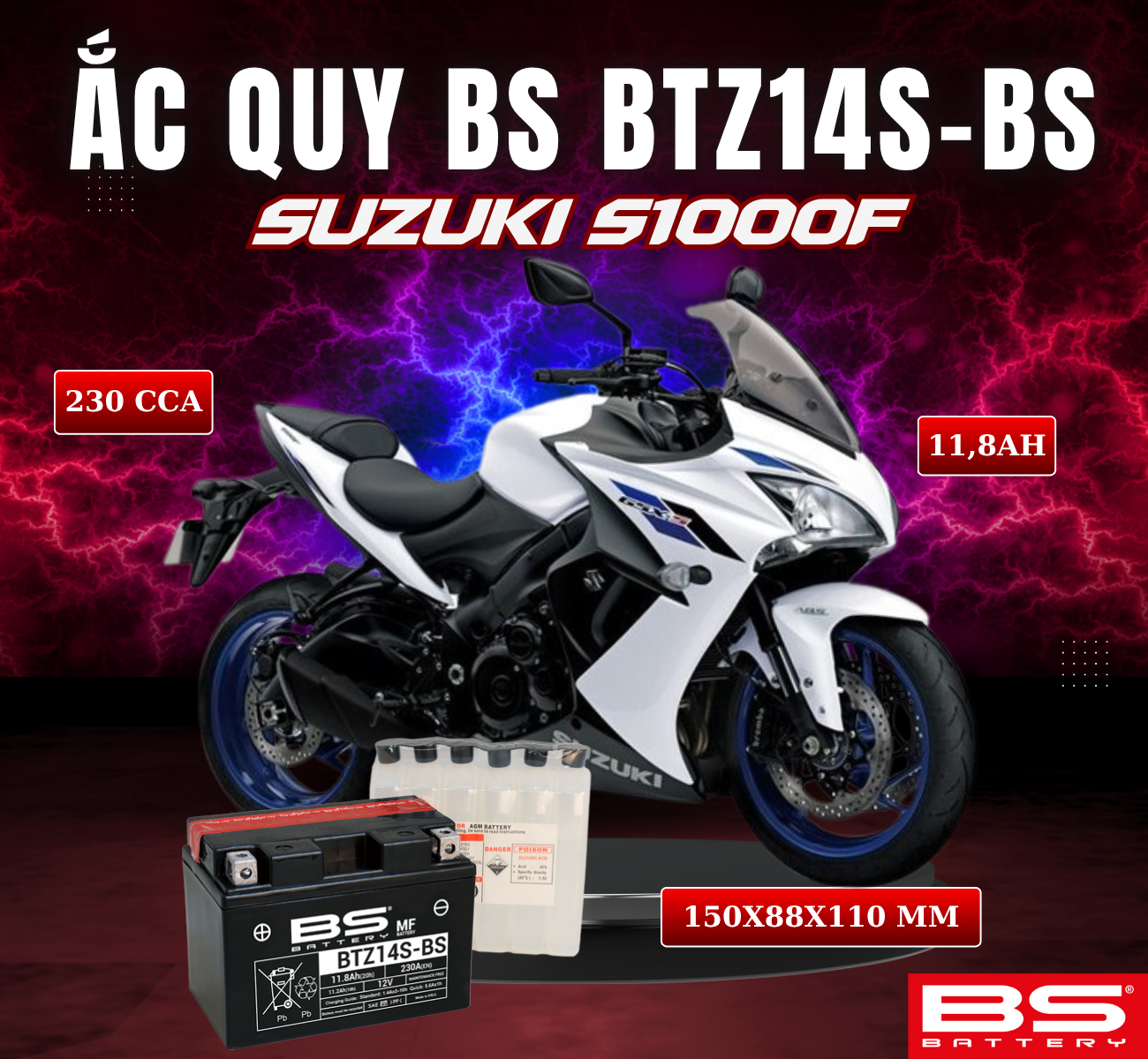 BÌNH ẮC QUY BS BTZ14S-BS 230CCA SUZUKI S1000F (150x88x110 mm)