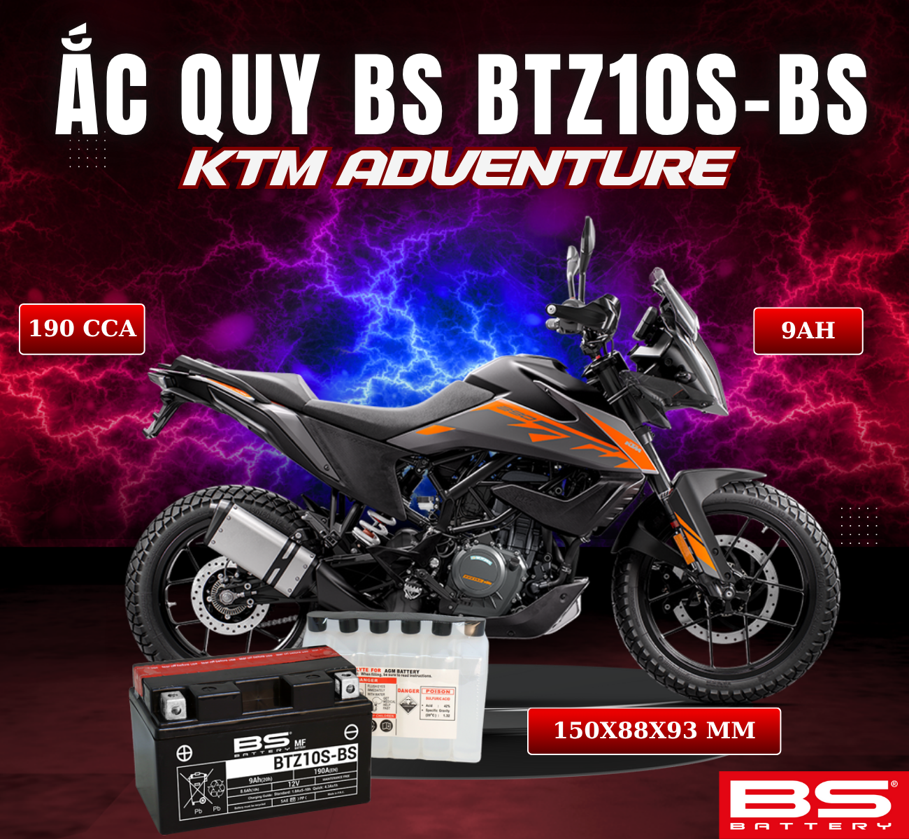 BÌNH ẮC QUY BS BATTERY BTZ10S-BS 190CCA KTM ADVENTURE (150 x 88 x 93 mm)
