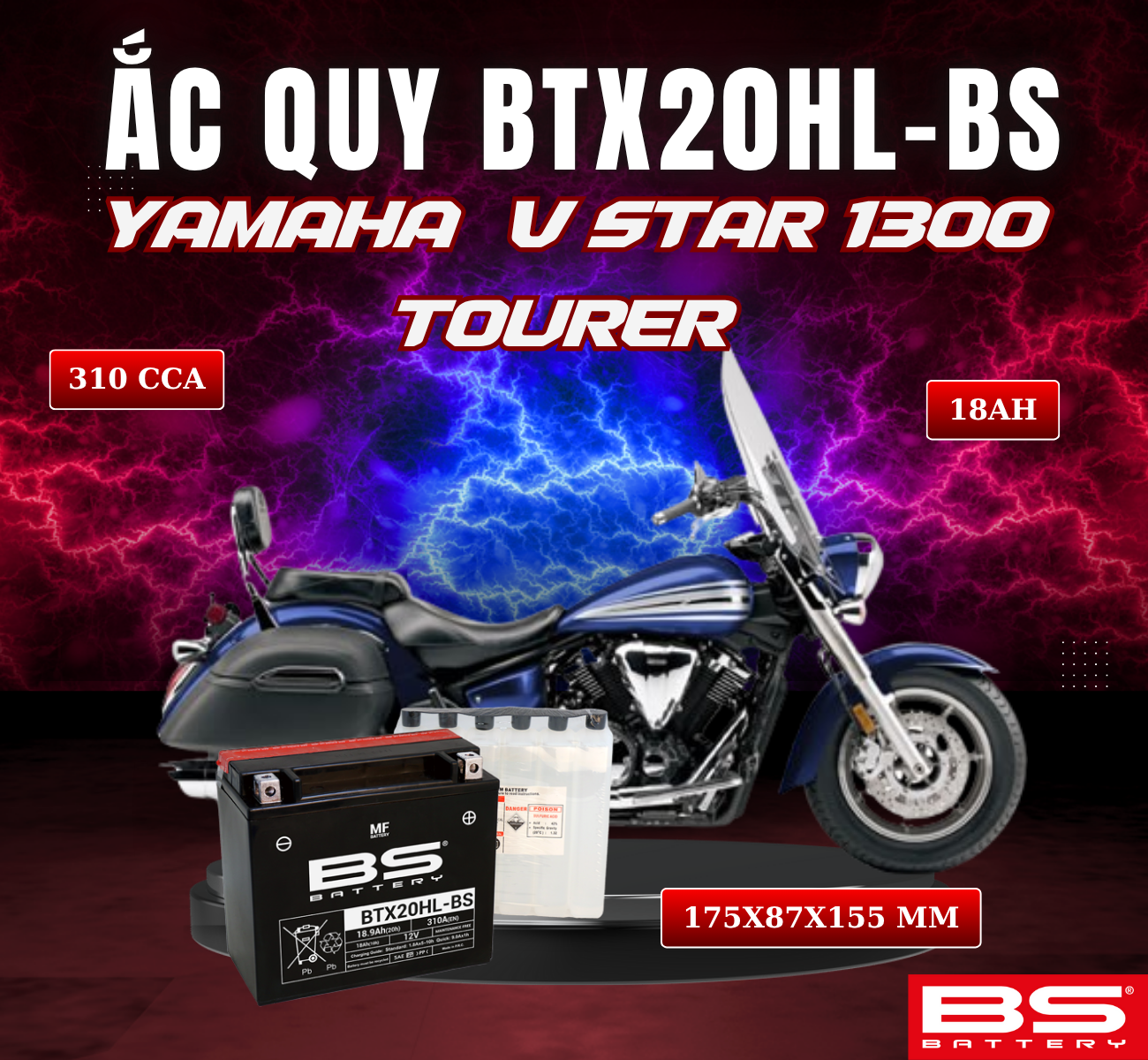 BÌNH ẮC QUY BS BTX20HL-BS 310CCA YAMAHA V STAR 1300 TOURER (175x87x155 mm)