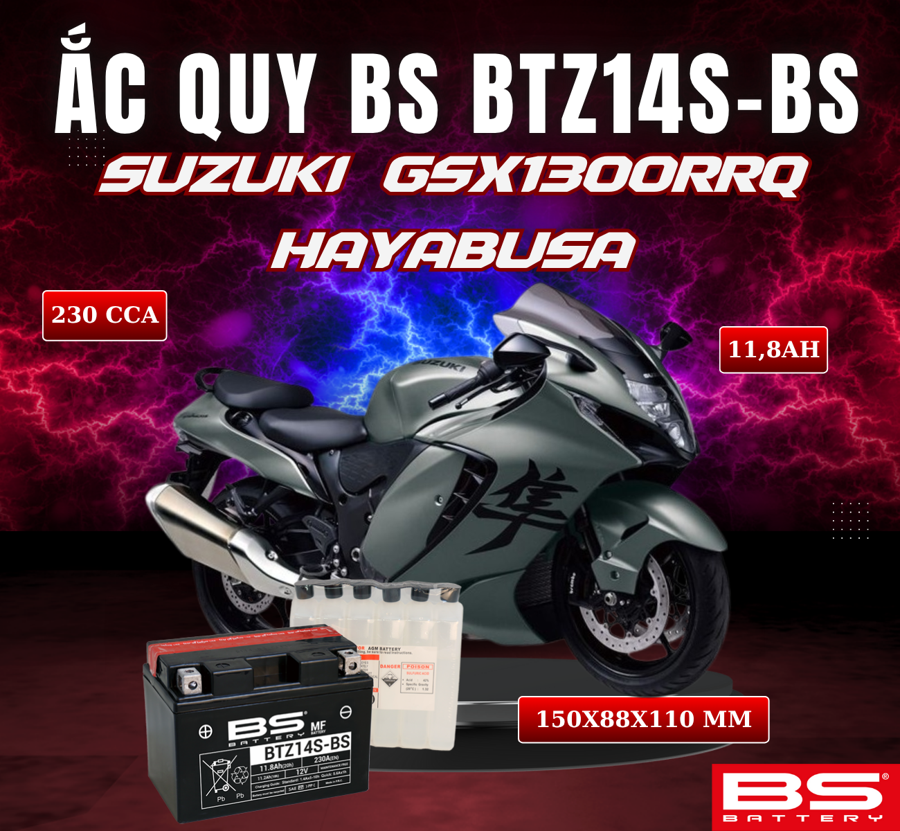 BÌNH ẮC QUY BS BTZ14S-BS 230CCA SUZUKI GSX1300RRQ HAYABUSA  (150x88x110 mm)
