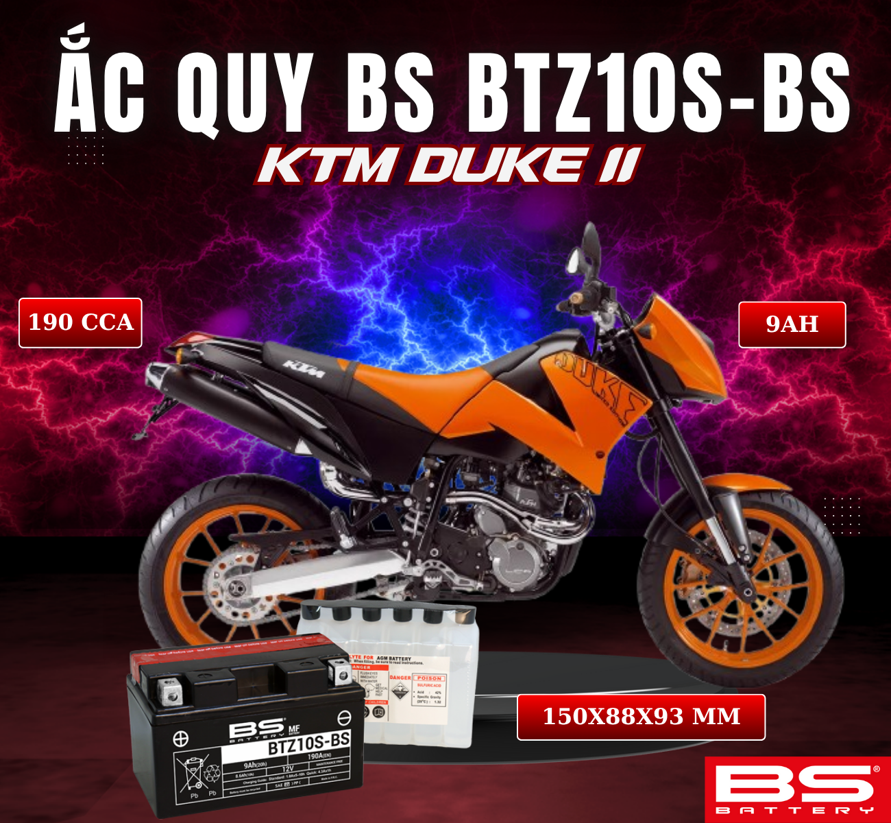 BÌNH ẮC QUY BS BATTERY BTZ10S-BS 190CCA KTM DUKE II (150 x 88 x 93 mm)