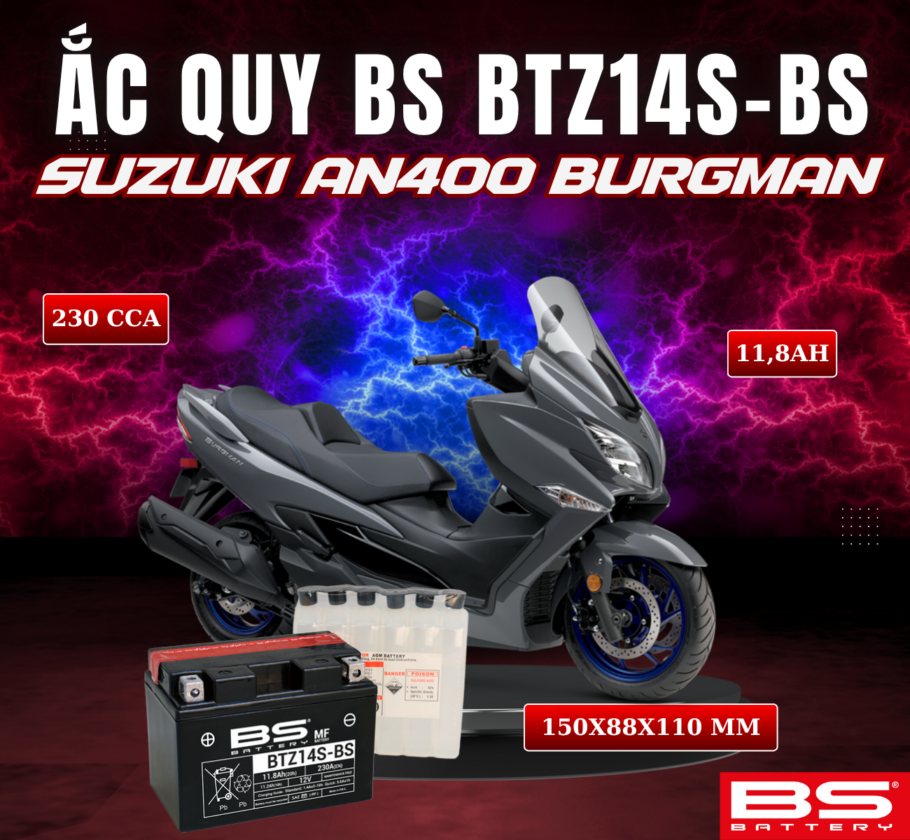 BÌNH ẮC QUY BS BTZ14S-BS 230CCA SUZUKI  AN400 BURGMANN (150x88x110 mm)