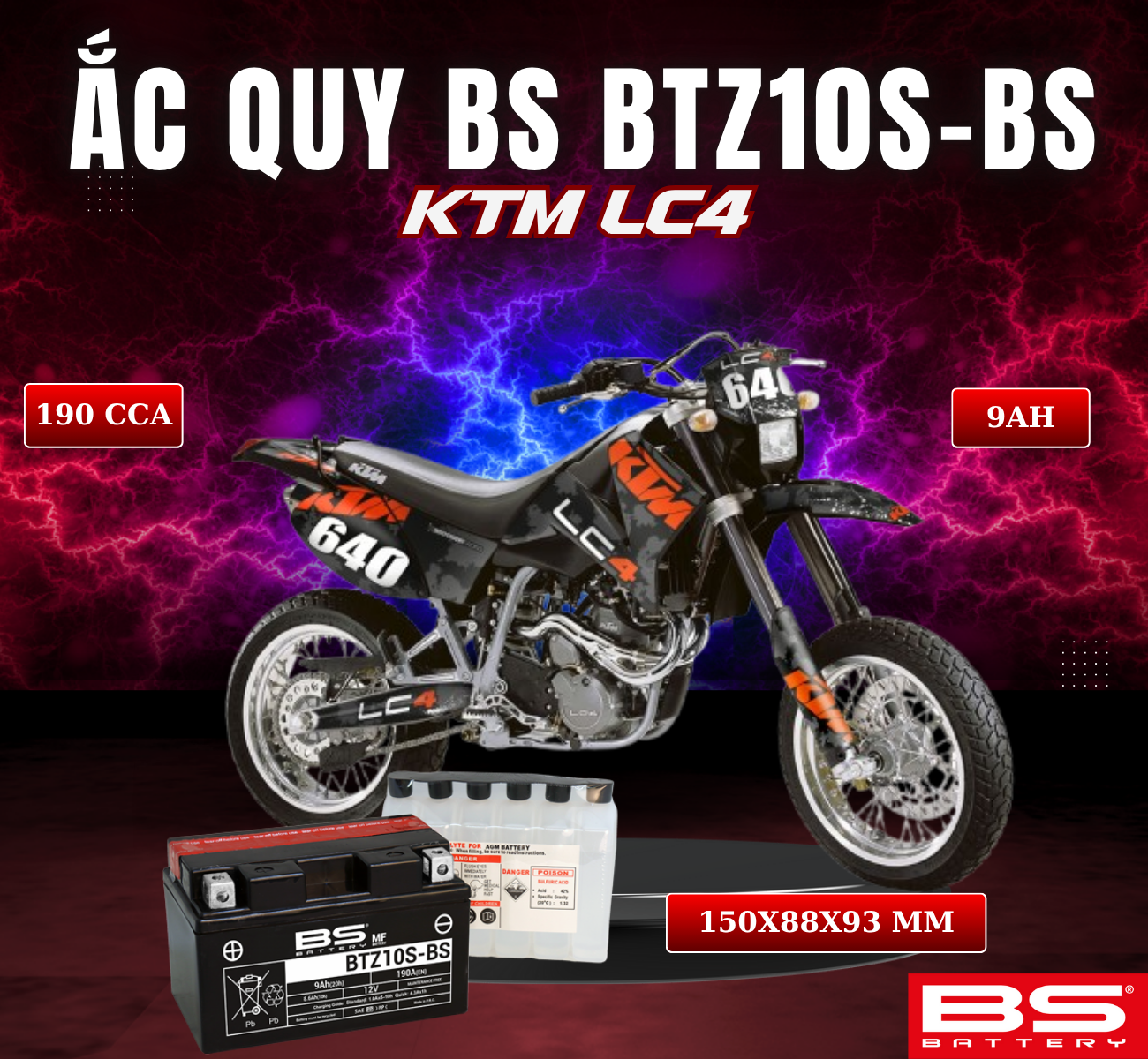 BÌNH ẮC QUY BS BATTERY BTZ10S-BS 190CCA KTM LC4 (150 x 88 x 93 mm)