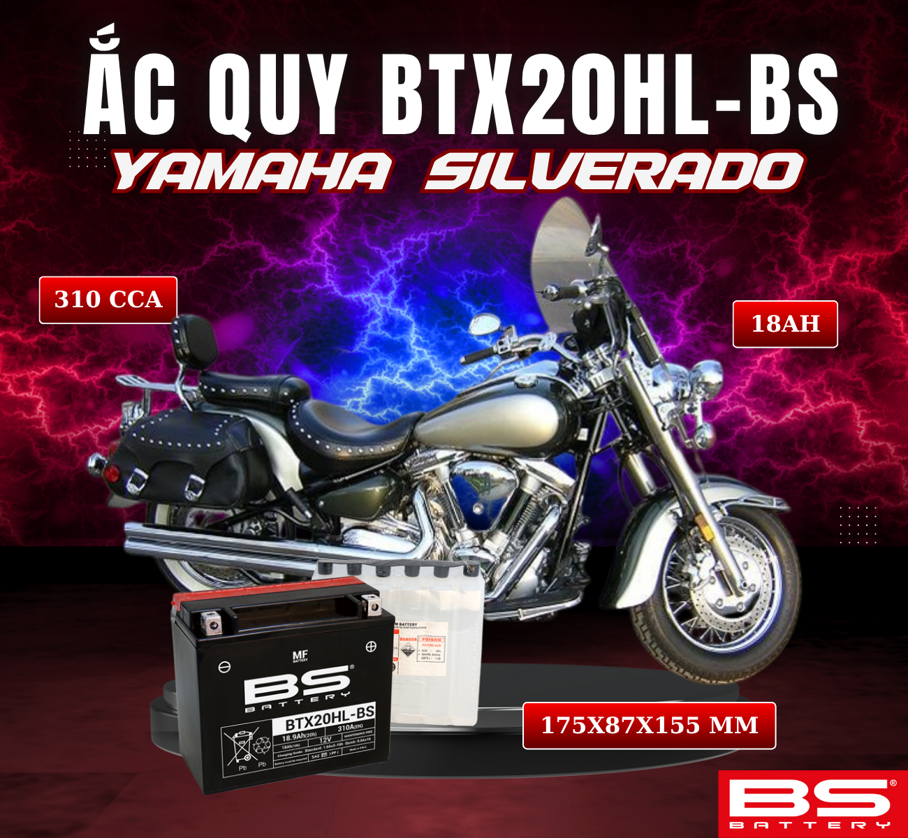 BÌNH ẮC QUY BS BTX20HL-BS 310CCA YAMAHA SILVERADO (175x87x155 mm)