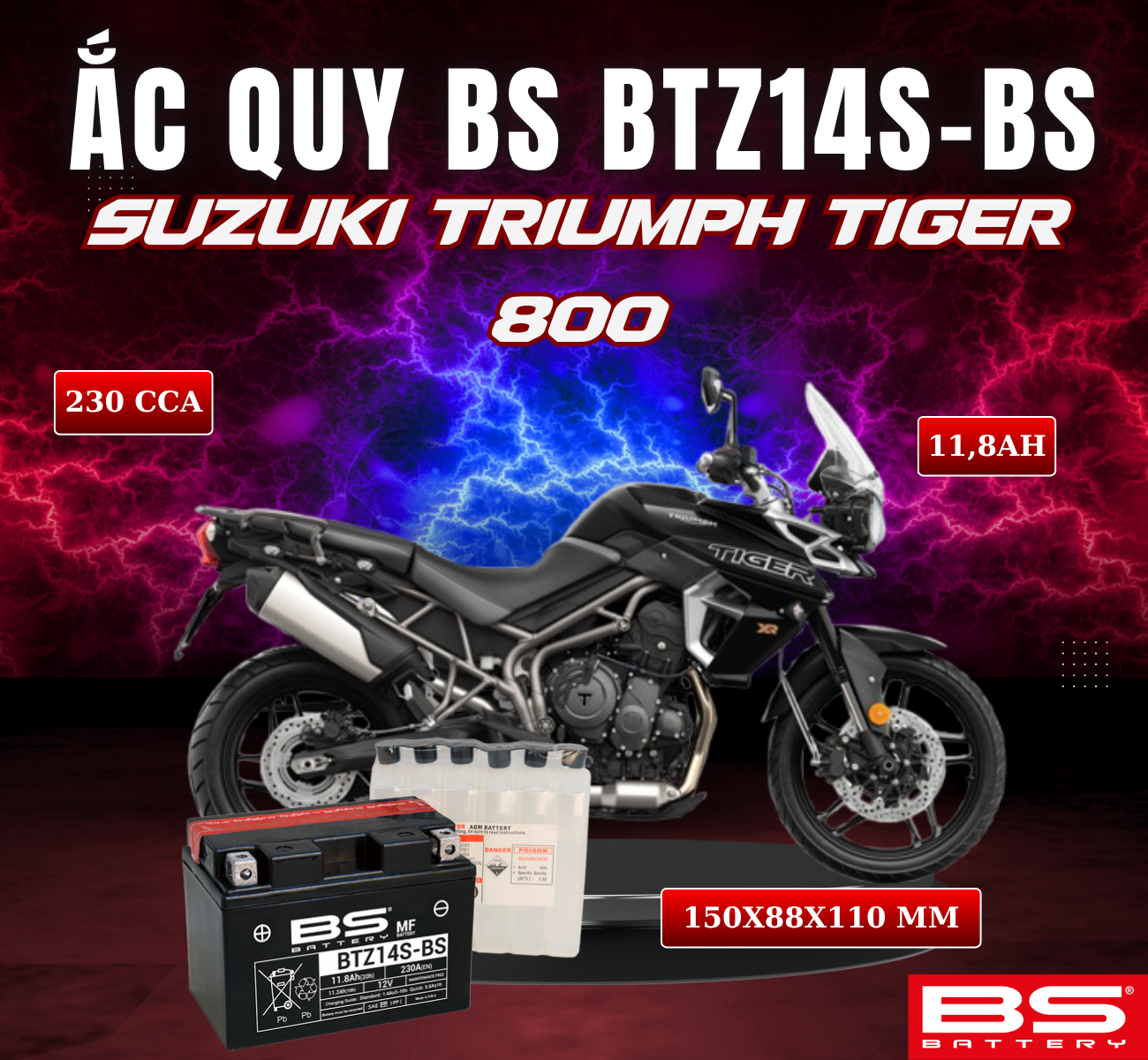 BÌNH ẮC QUY BS BTZ14S-BS 230CCA SUZUKI TRIUMPH TIGER 800 (150x88x110 mm)