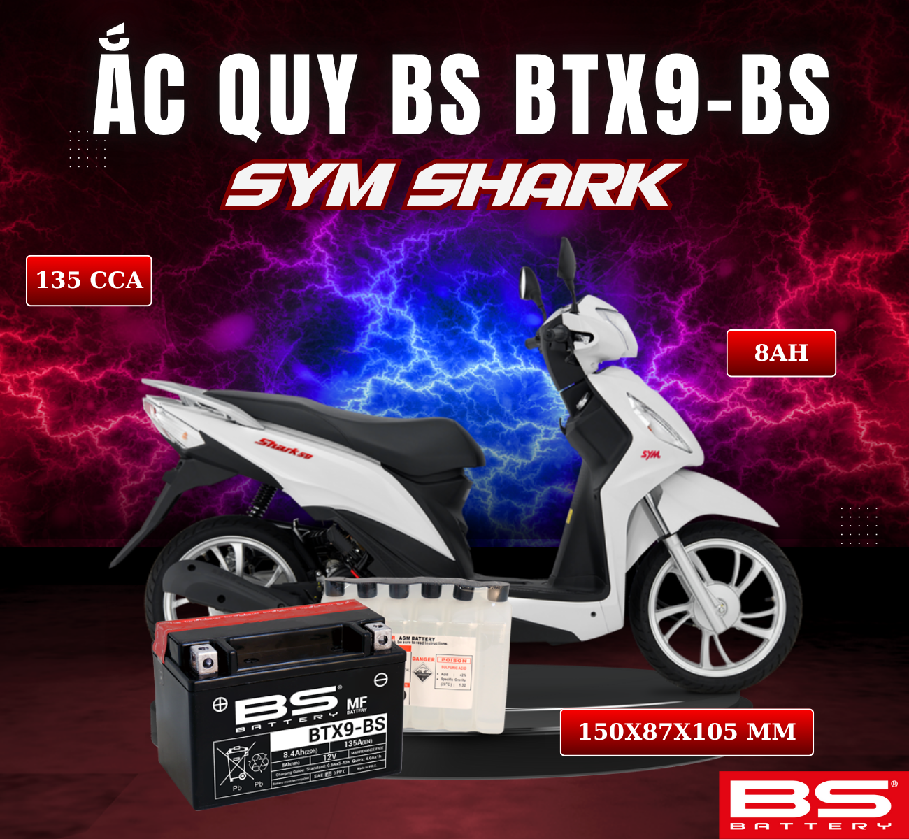BÌNH ẮC QUY BS BATTERY BTX9-BS 135CCA SYM SHARK (150 x 87 x 105 mm)
