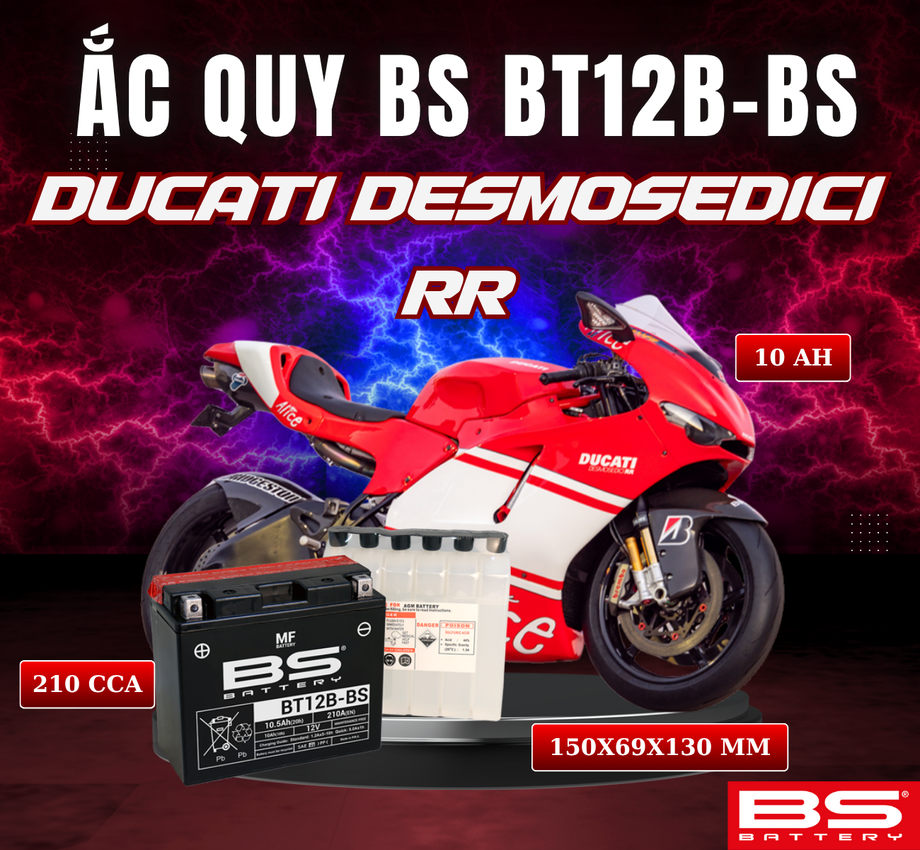 BÌNH ẮC QUY BS BT12B-BS 210CCA DUCATI DESMOSEDICI RR (150x69x130 mm)