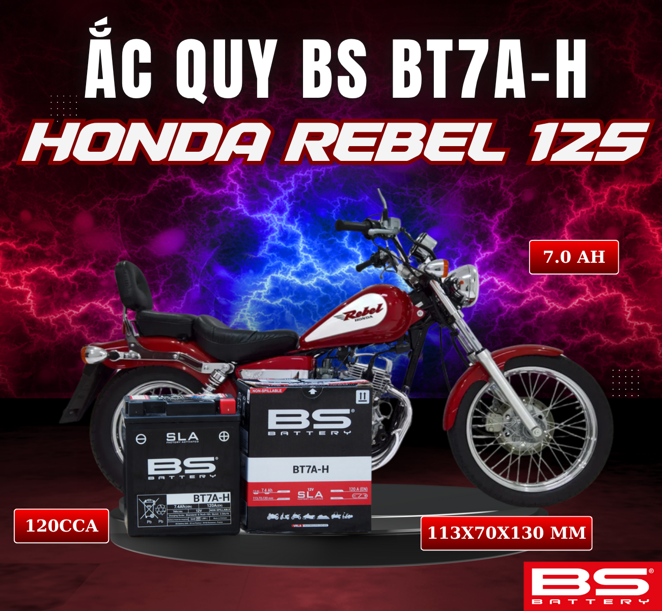 BÌNH ẮC QUY BS BT7A-H 120CCA HONDA REBEL 125 (113x70x130 mm)