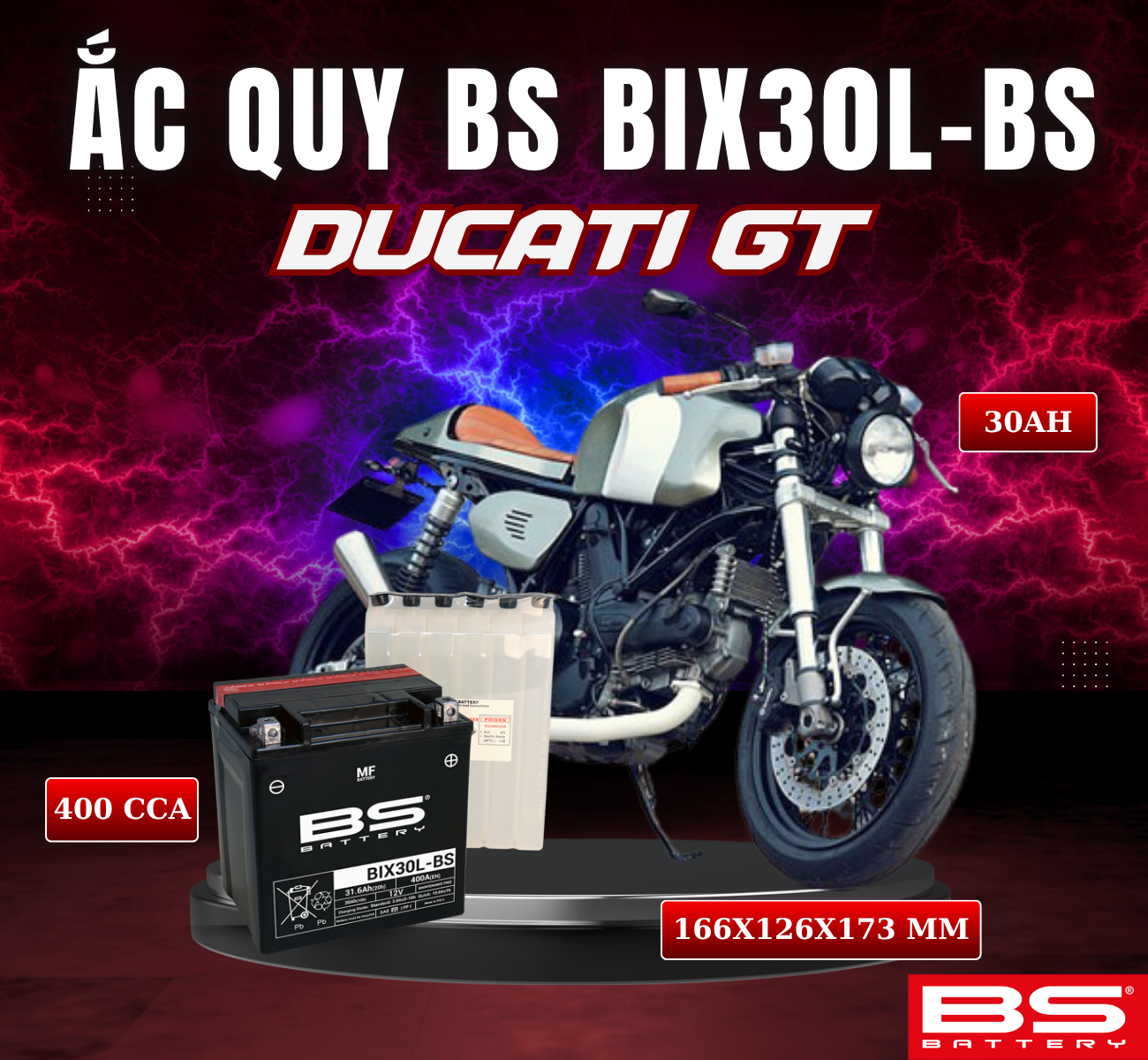 BÌNH ẮC QUY BS BIX30L-BS 400CCA DUCATI GT (166x126x173 mm)