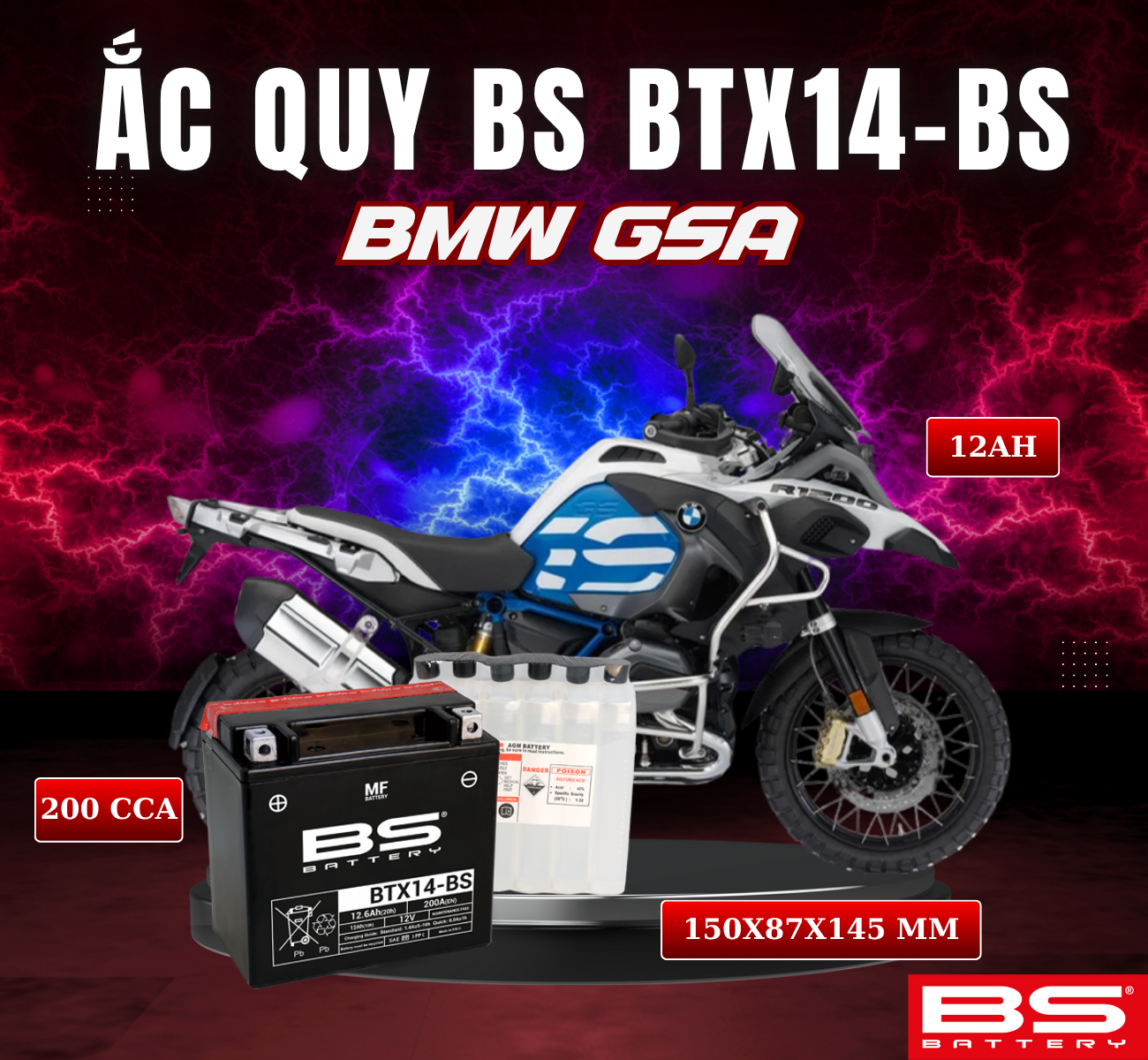 BÌNH ẮC QUY BS BTX14-BS 200CCA BMW GSA 09-13 (150x87x145 mm)