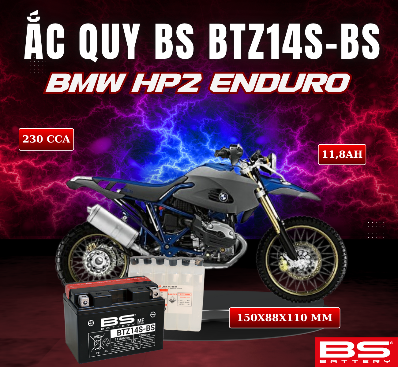 BÌNH ẮC QUY BS BTZ14S-BS 230CCA BMW HP2 EDURO (150x88x110 mm)