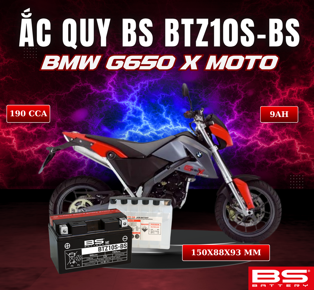 BÌNH ẮC QUY BS BATTERY BTZ10S-BS 190CCA BMW G650 X MOTO (150 x 88 x 93 mm)