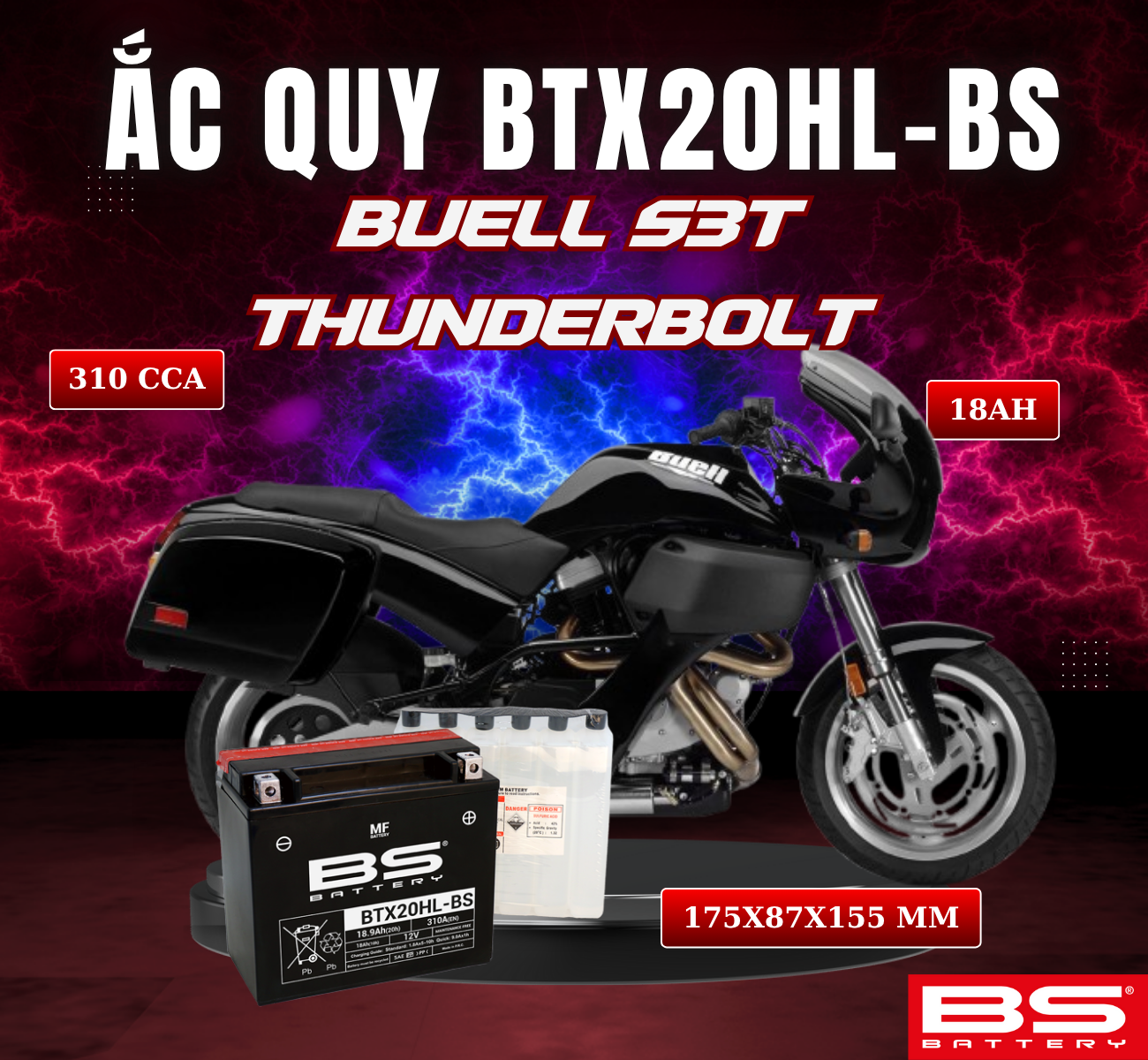 BÌNH ẮC QUY BS BTX20HL-BS 310CCA BUELL S3T THUNDERBOLT (175x87x155 mm)