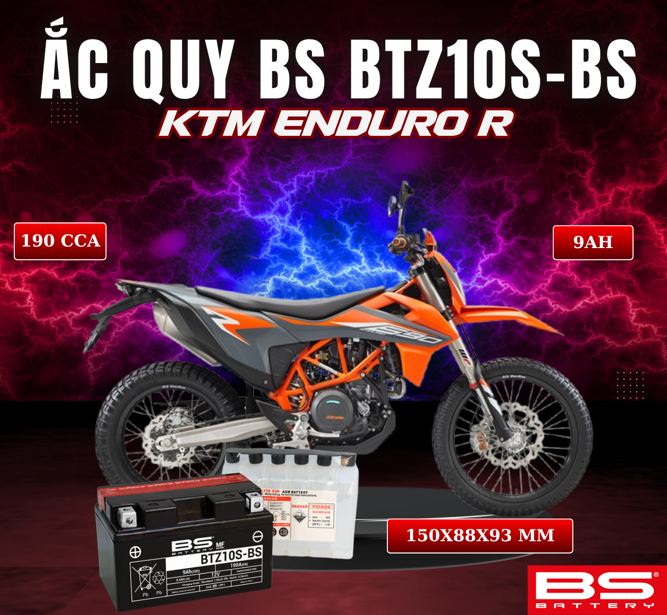 BÌNH ẮC QUY BS BATTERY BTZ10S-BS 190CCA KTM ENDURO R (150 x 88 x 93 mm)
