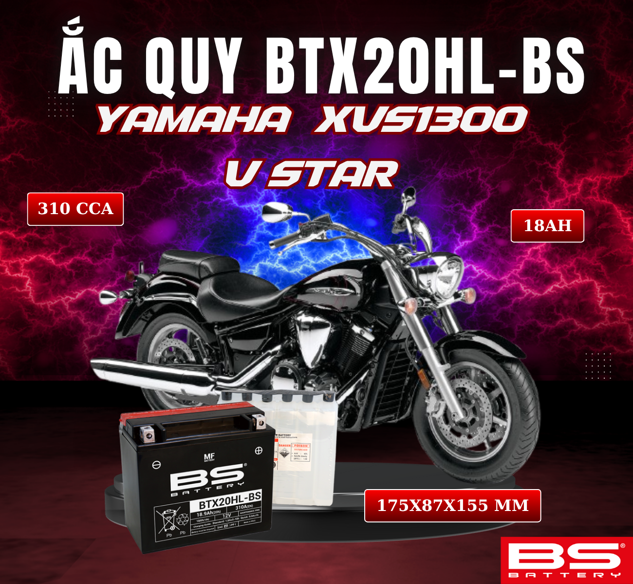 BÌNH ẮC QUY BS BTX20HL-BS 310CCA YAMAHA XVS1300 V STAR (175x87x155 mm)