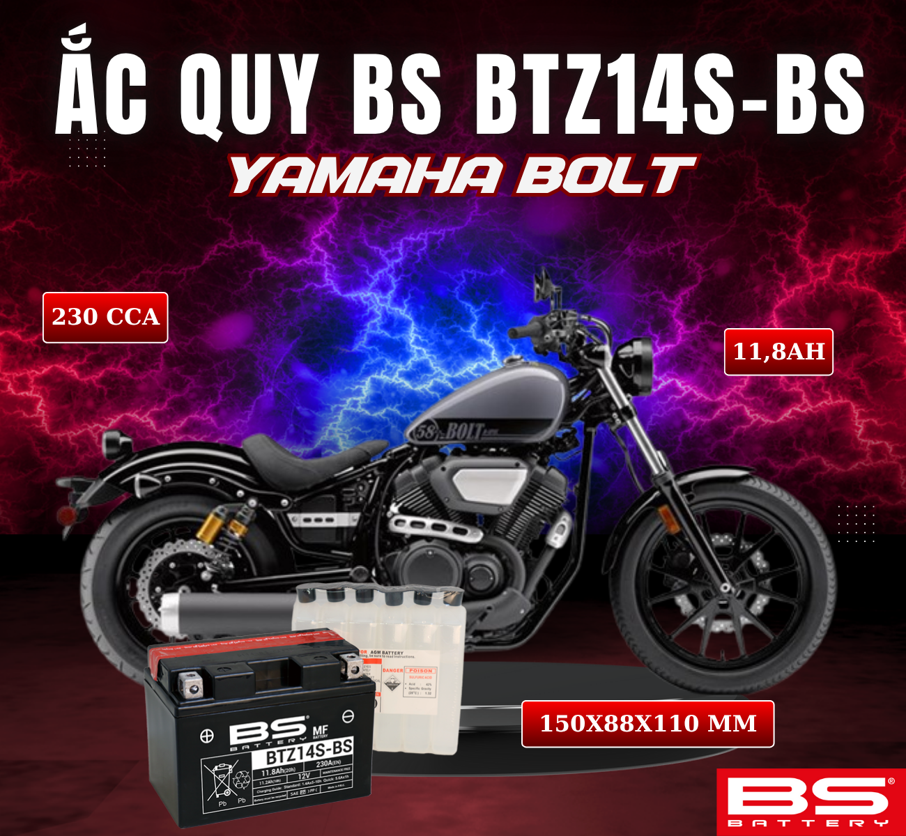 BÌNH ẮC QUY BS BTZ14S-BS 230CCA YAMAHA BOLT (150x88x110 mm)