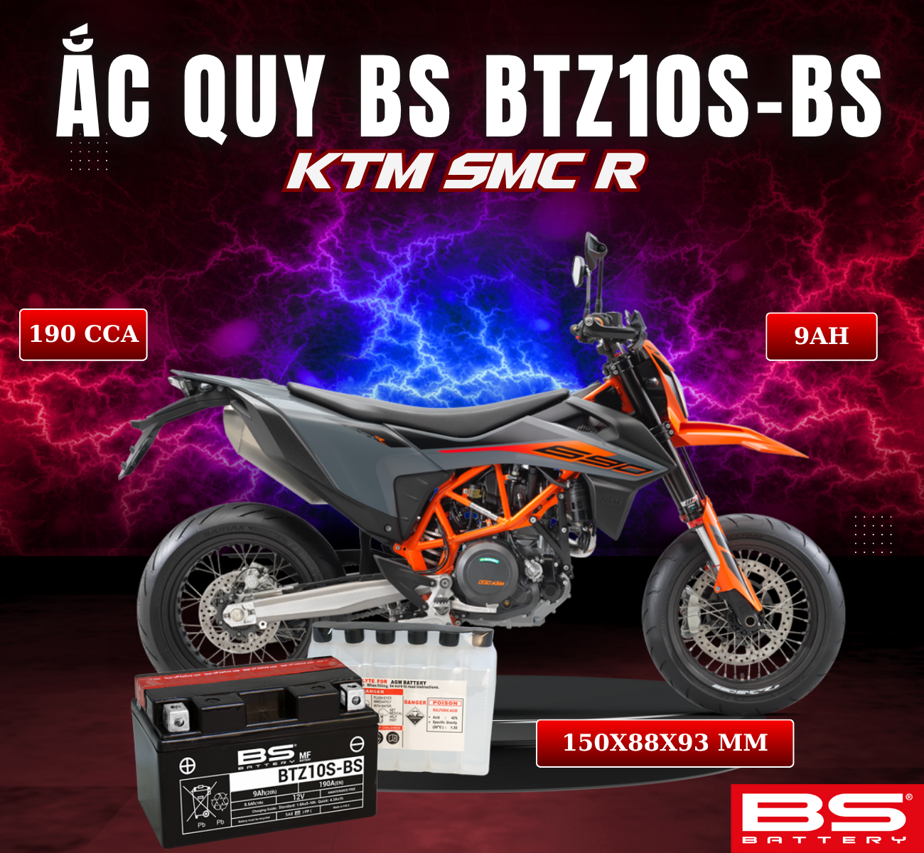 BÌNH ẮC QUY BS BATTERY BTZ10S-BS 190CCA KTM SMC R (150 x 88 x 93 mm)