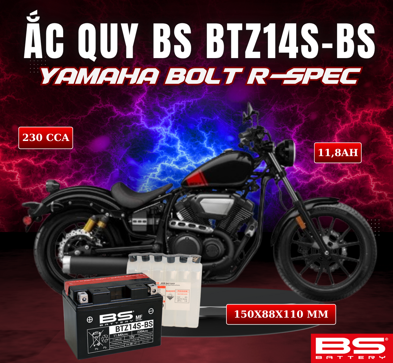BÌNH ẮC QUY BS BTZ14S-BS 230CCA YAMAHA BOLT R-SPEC (150x88x110 mm)