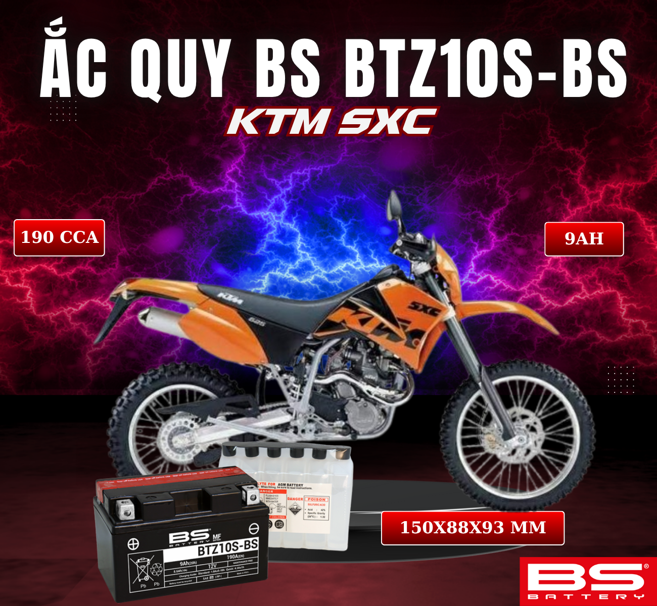 BÌNH ẮC QUY BS BATTERY BTZ10S-BS 190CCA KTM SXC (150 x 88 x 93 mm)