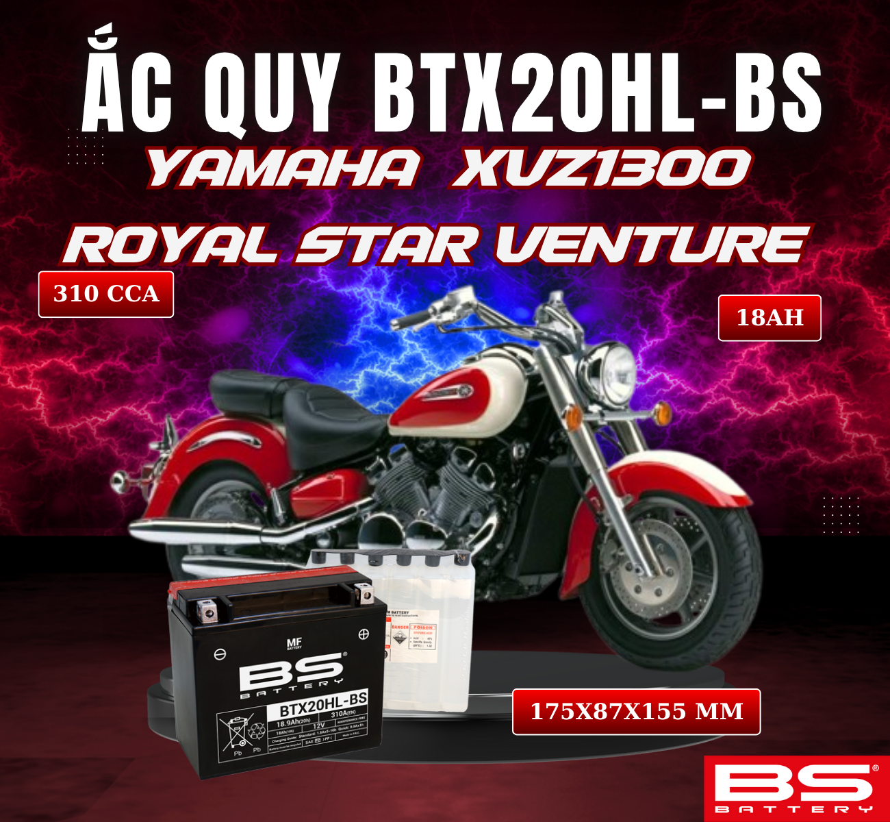 BÌNH ẮC QUY BS BTX20HL-BS 310CCA YAMAHA XVZ1300 ROYAL STAR VENTURE (175x87x155 mm)