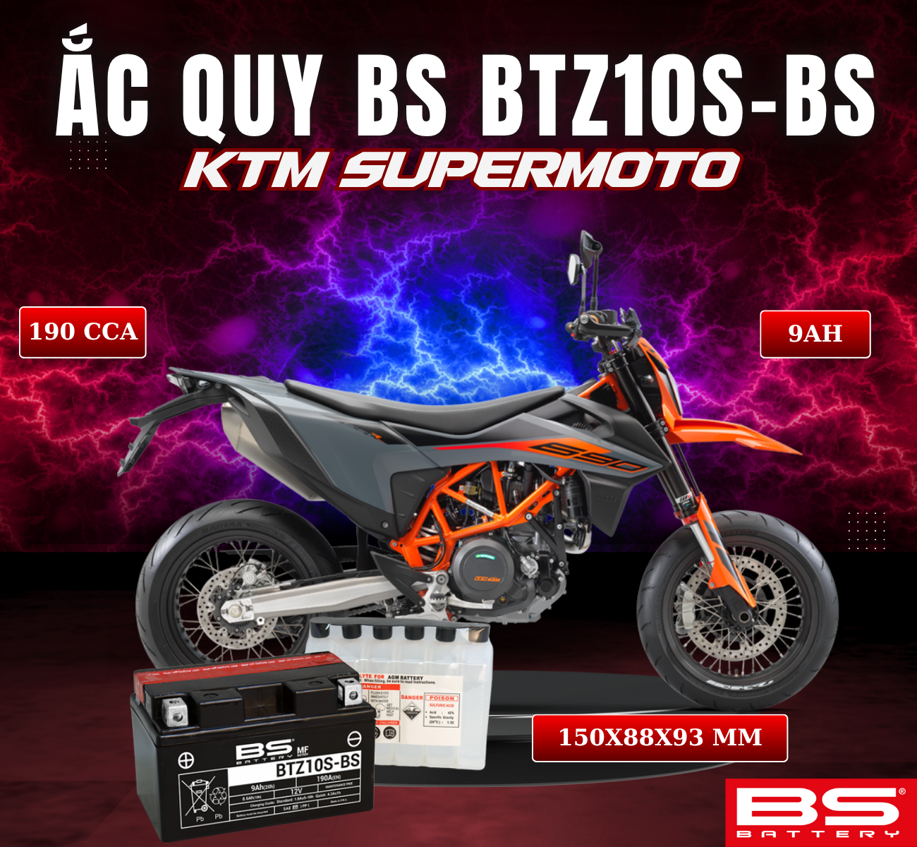 BÌNH ẮC QUY BS BATTERY BTZ10S-BS 190CCA KTM SUPERMOTO (150 x 88 x 93 mm)