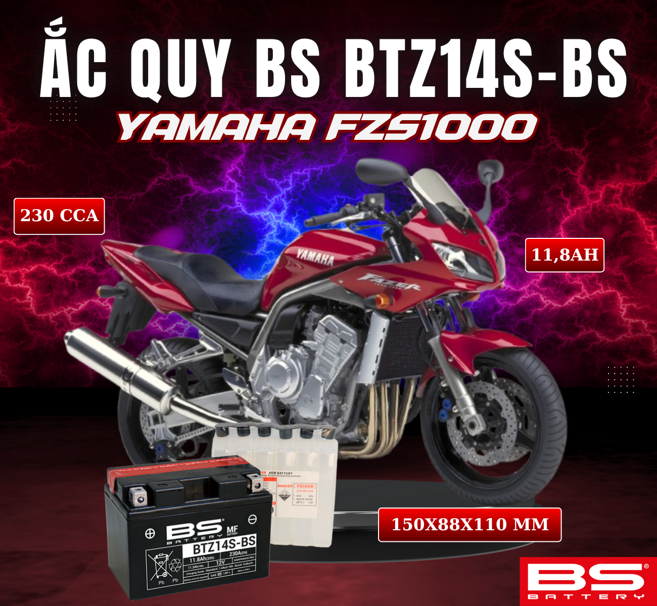 BÌNH ẮC QUY BS BTZ14S-BS 230CCA YAMAHA FZS1000 (150x88x110 mm)