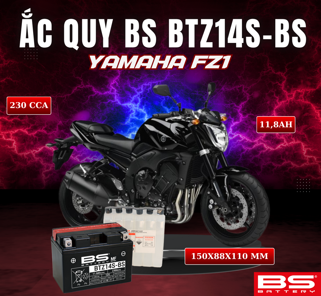 BÌNH ẮC QUY BS BTZ14S-BS 230CCA YAMAHA FZ1 (150x88x110 mm)