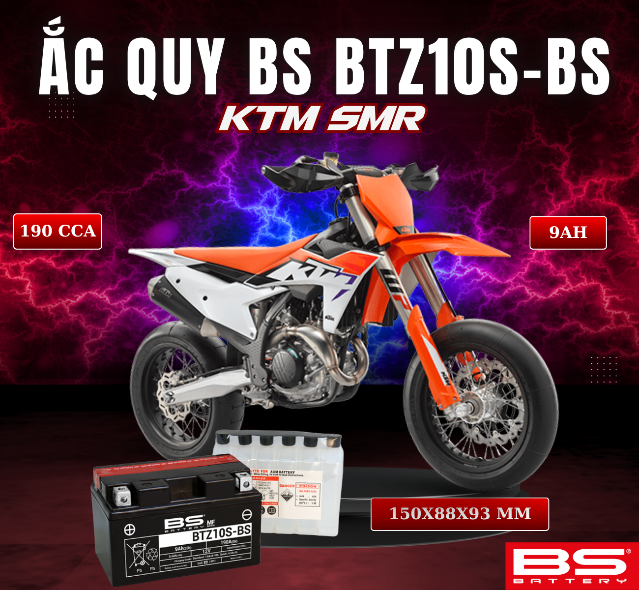 BÌNH ẮC QUY BS BATTERY BTZ10S-BS 190CCA KTM SMR (150 x 88 x 93 mm)