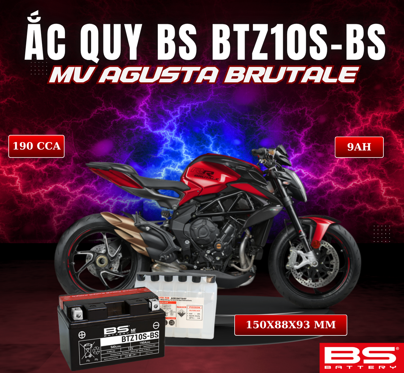 BÌNH ẮC QUY BS BATTERY BTZ10S-BS 190CCA MV AGUSTA BRUTALE (150 x 88 x 93 mm)