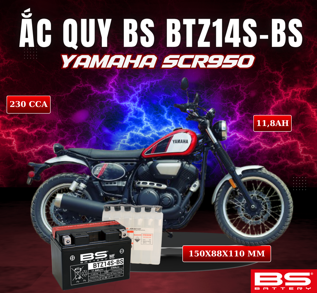 BÌNH ẮC QUY BS BTZ14S-BS 230CCA YAMAHA SCR950 (150x88x110 mm)