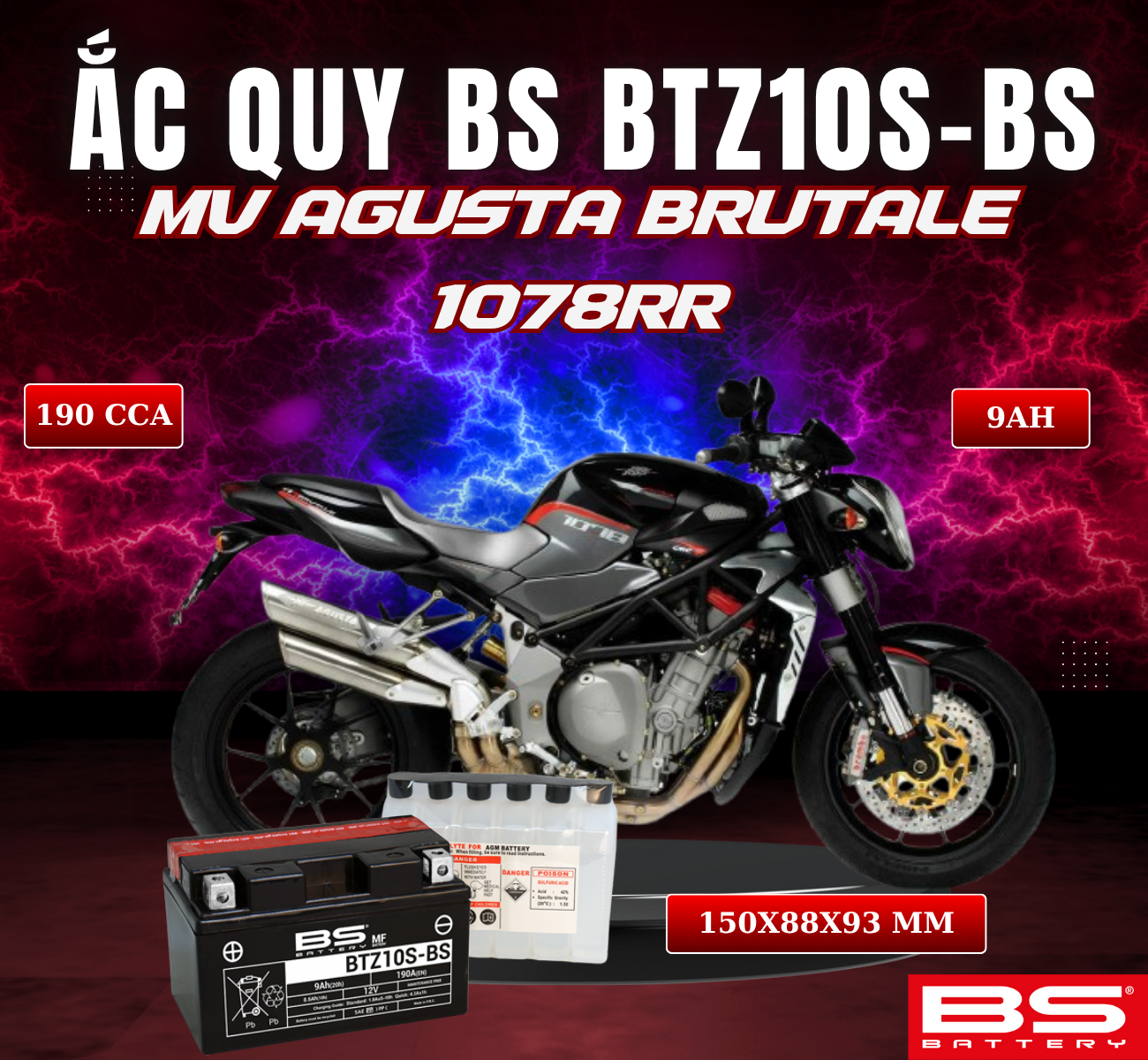 BÌNH ẮC QUY BS BATTERY BTZ10S-BS 190CCA MV AGUSTA BRUTALE 1078RR (150 x 88 x 93 mm)