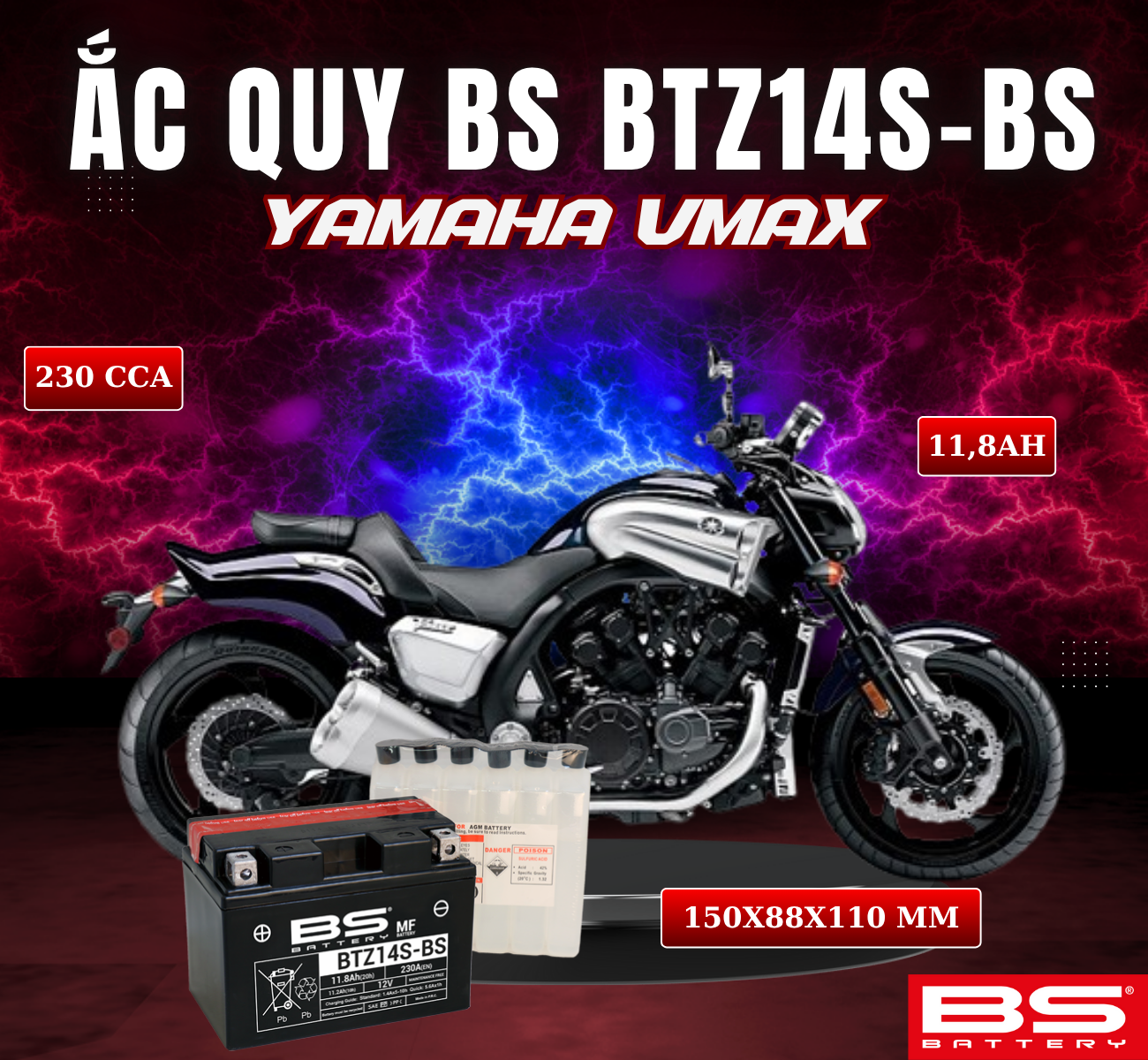 BÌNH ẮC QUY BS BTZ14S-BS 230CCA YAMAHA VMAX (150x88x110 mm)