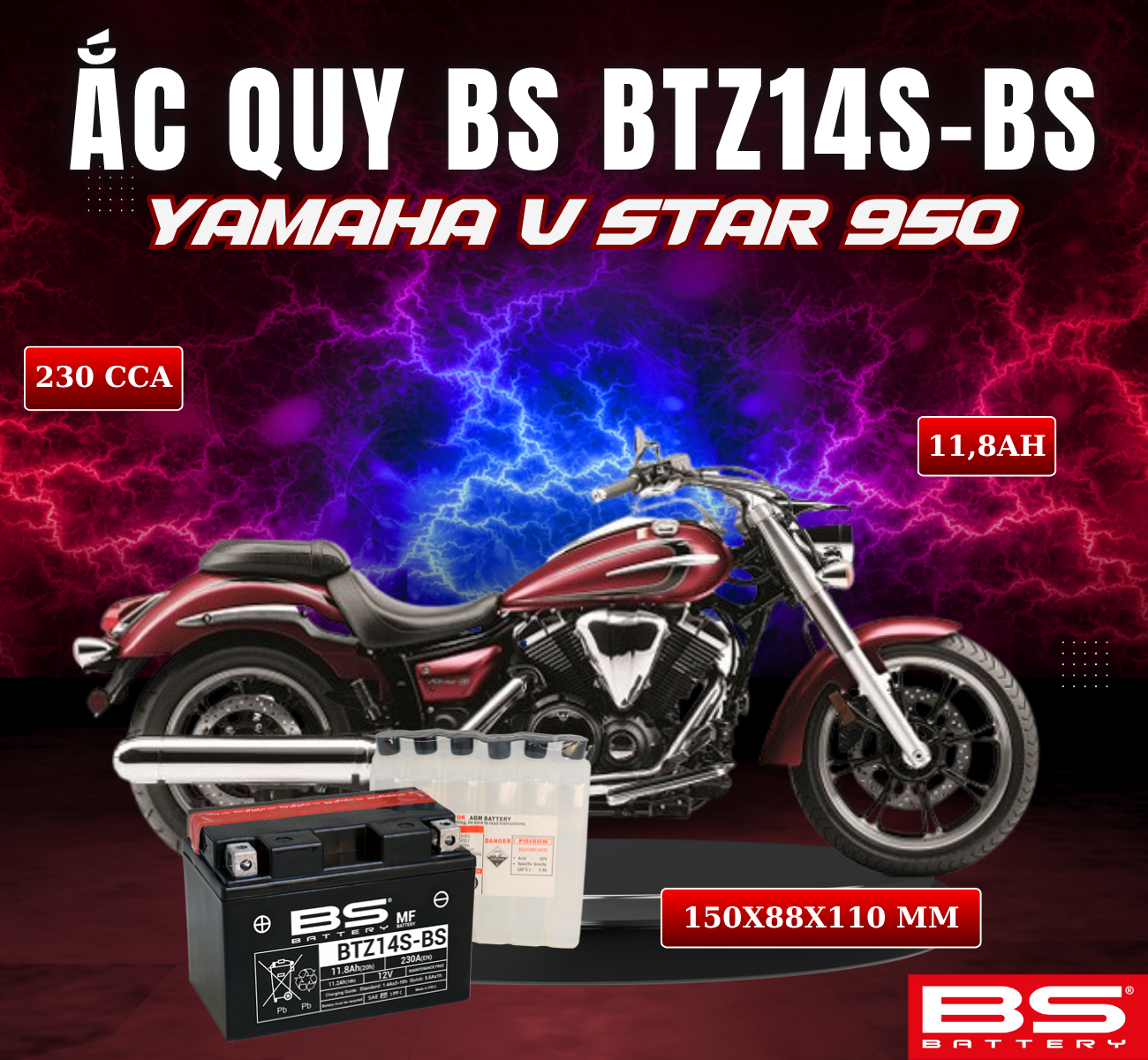 BÌNH ẮC QUY BS BTZ14S-BS 230CCA YAMAHA V STTAR 950 (150x88x110 mm)