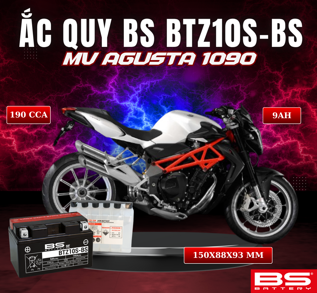 BÌNH ẮC QUY BS BATTERY BTZ10S-BS 190CCA MV AGUSTA 1090 (150 x 88 x 93 mm)