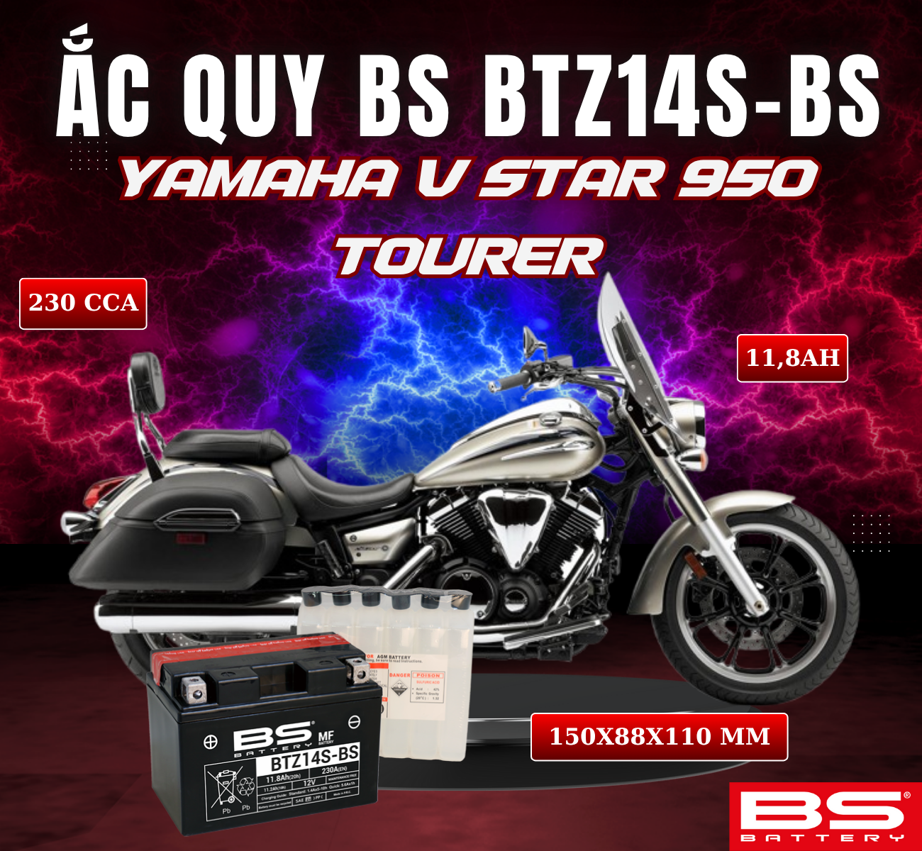 BÌNH ẮC QUY BS BTZ14S-BS 230CCA YAMAHA V STAR 950 TOURER (150x88x110 mm)