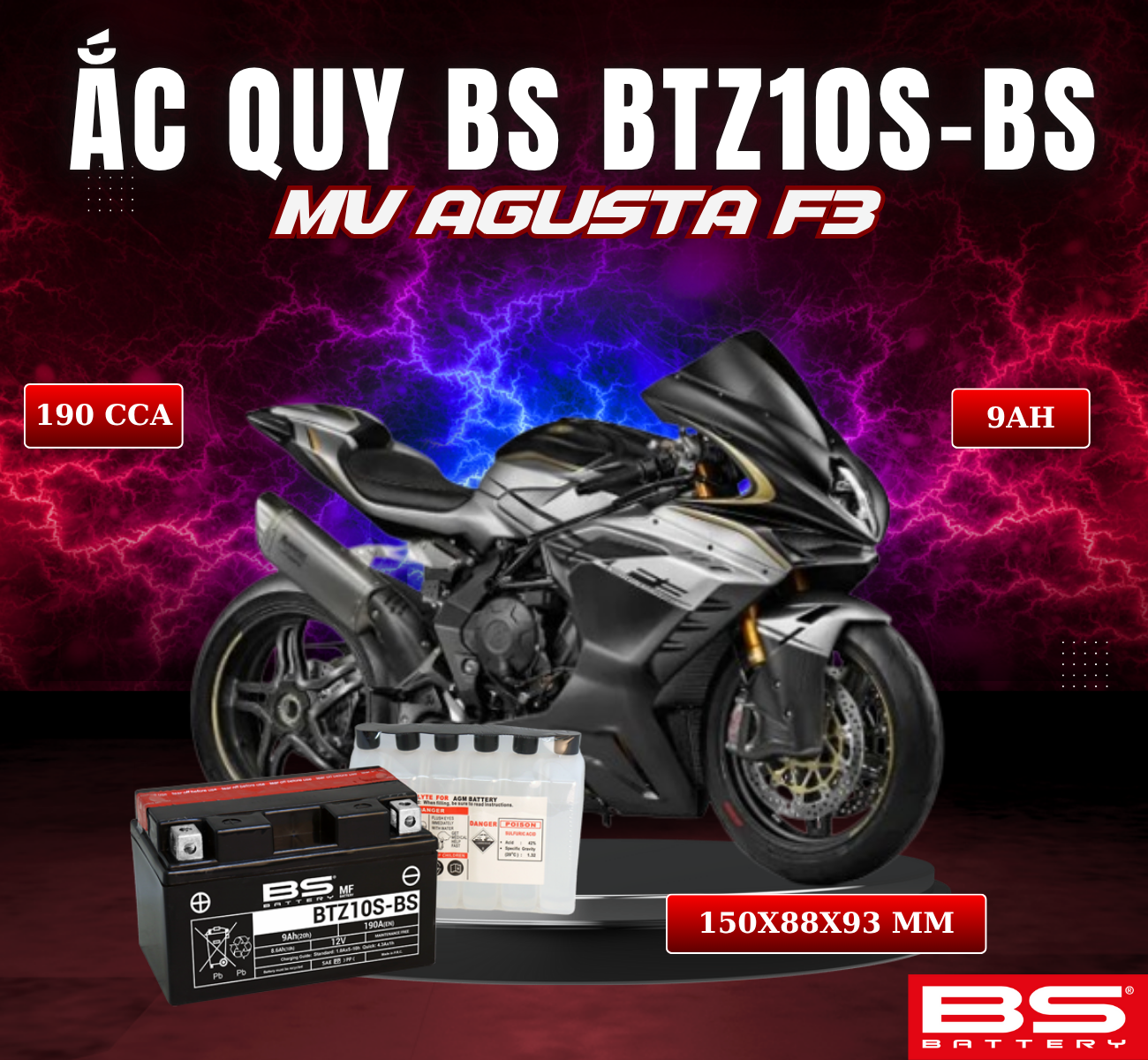 BÌNH ẮC QUY BS BATTERY BTZ10S-BS 190CCA MV AGUSTA F3 (150 x 88 x 93 mm)