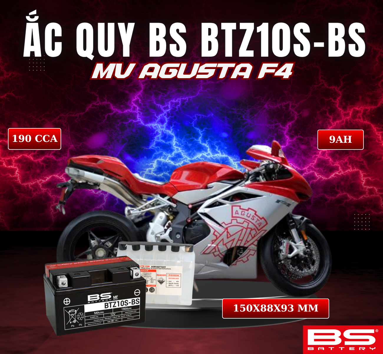 BÌNH ẮC QUY BS BATTERY BTZ10S-BS 190CCA MV AGUSTA F4 (150 x 88 x 93 mm)