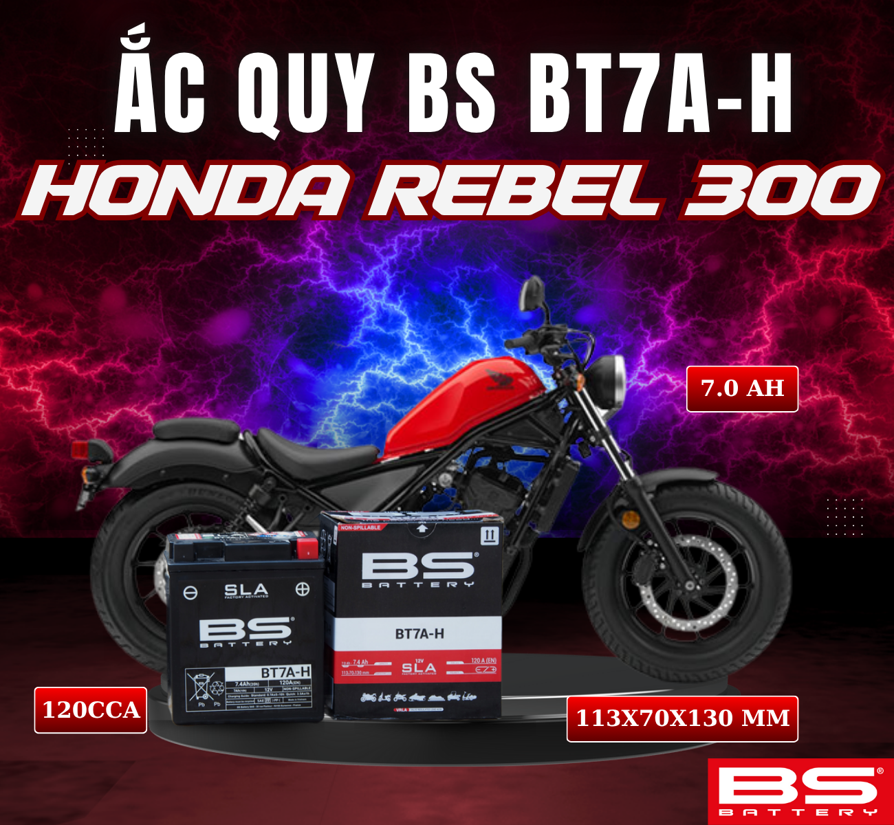 BÌNH ẮC QUY BS BT7A-H 120CCA HONDA REBEL 300 (113x70x130 mm)