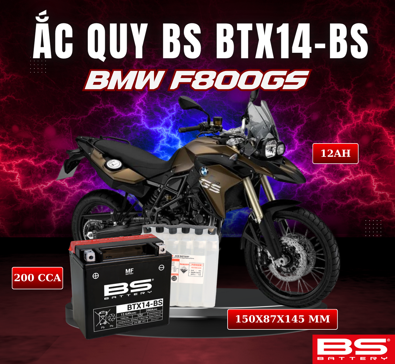 BÌNH ẮC QUY BS BTX14-BS 200CCA BMW F800GS 08-14 (150x87x145 mm)