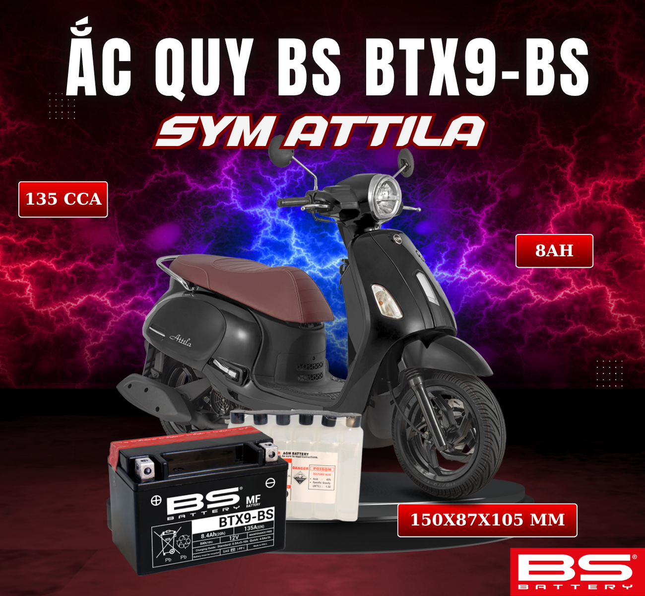 BÌNH ẮC QUY BS BATTERY BTX9-BS 135CCA SYM ATTILA (150 x 87 x 105 mm)