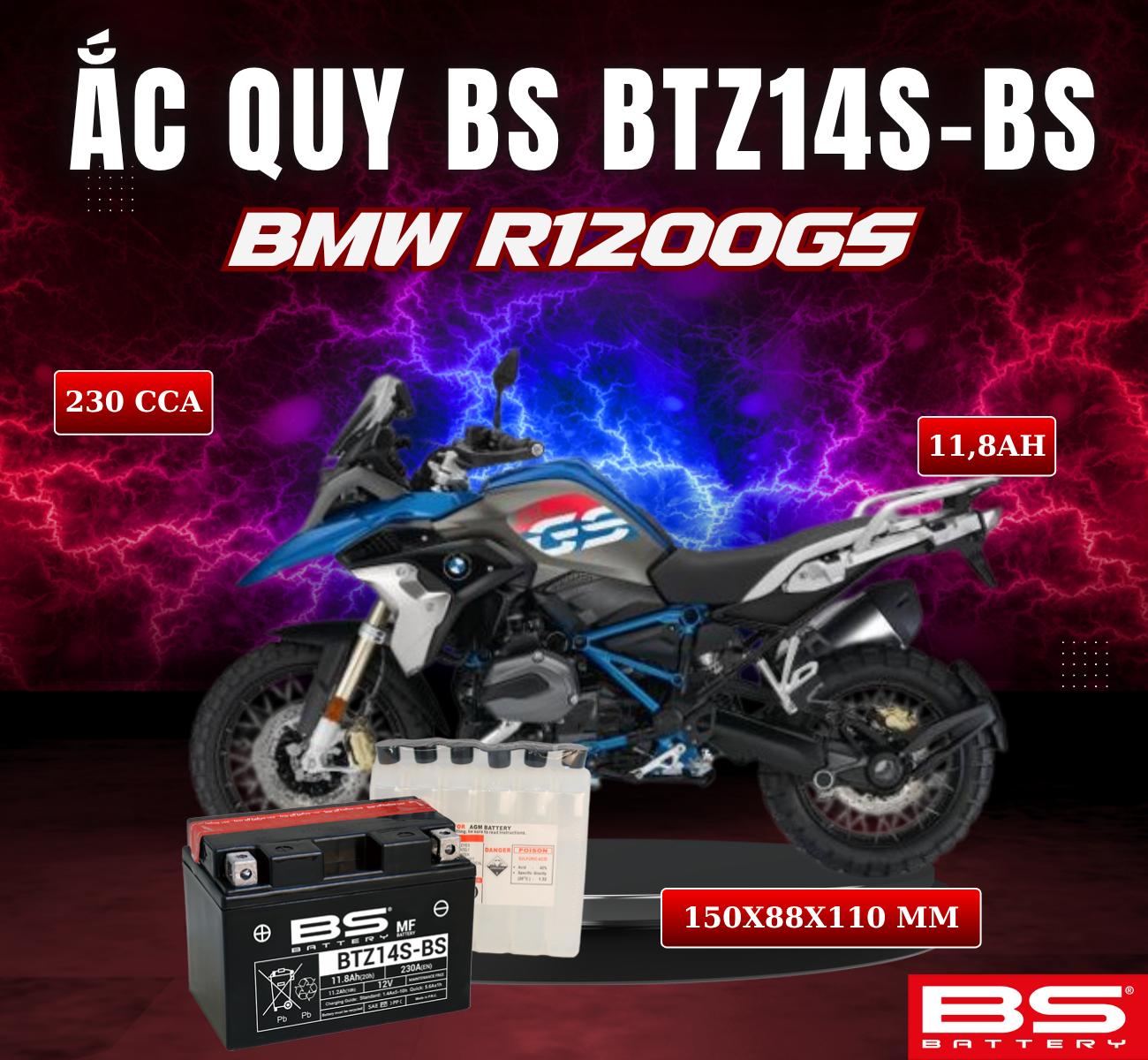 BÌNH ẮC QUY BS BTZ14S-BS 230CCA BMW R1200GS (150x88x110 mm)