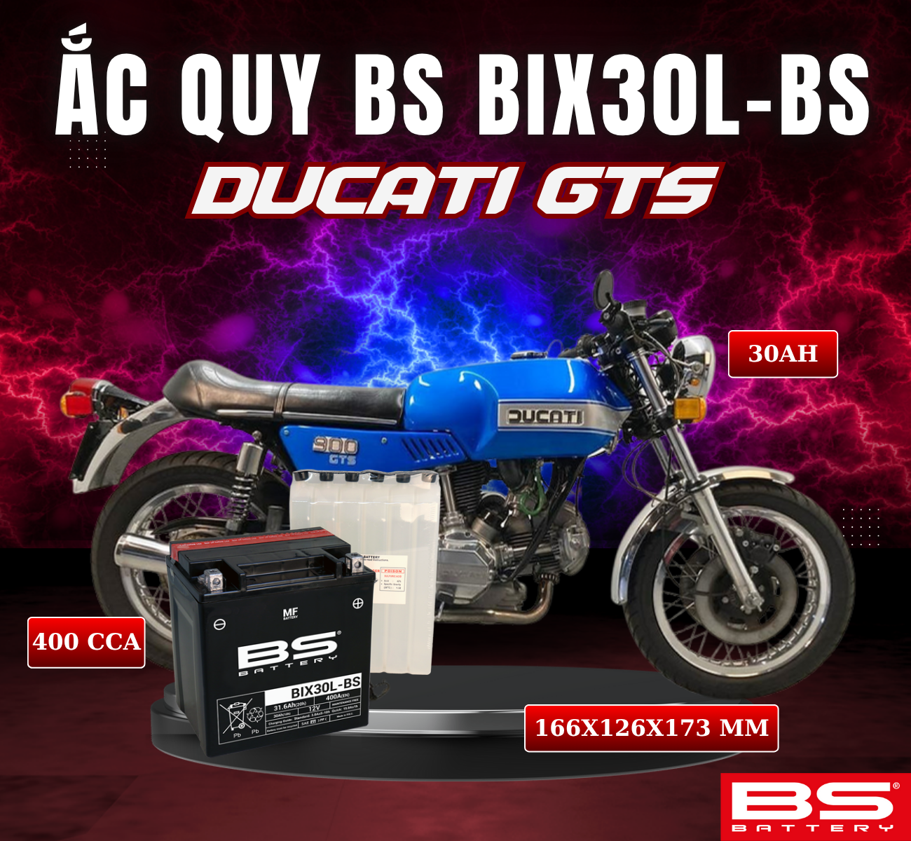 BÌNH ẮC QUY BS BIX30L-BS 400CCA DUCATI GTS (166x126x173 mm)