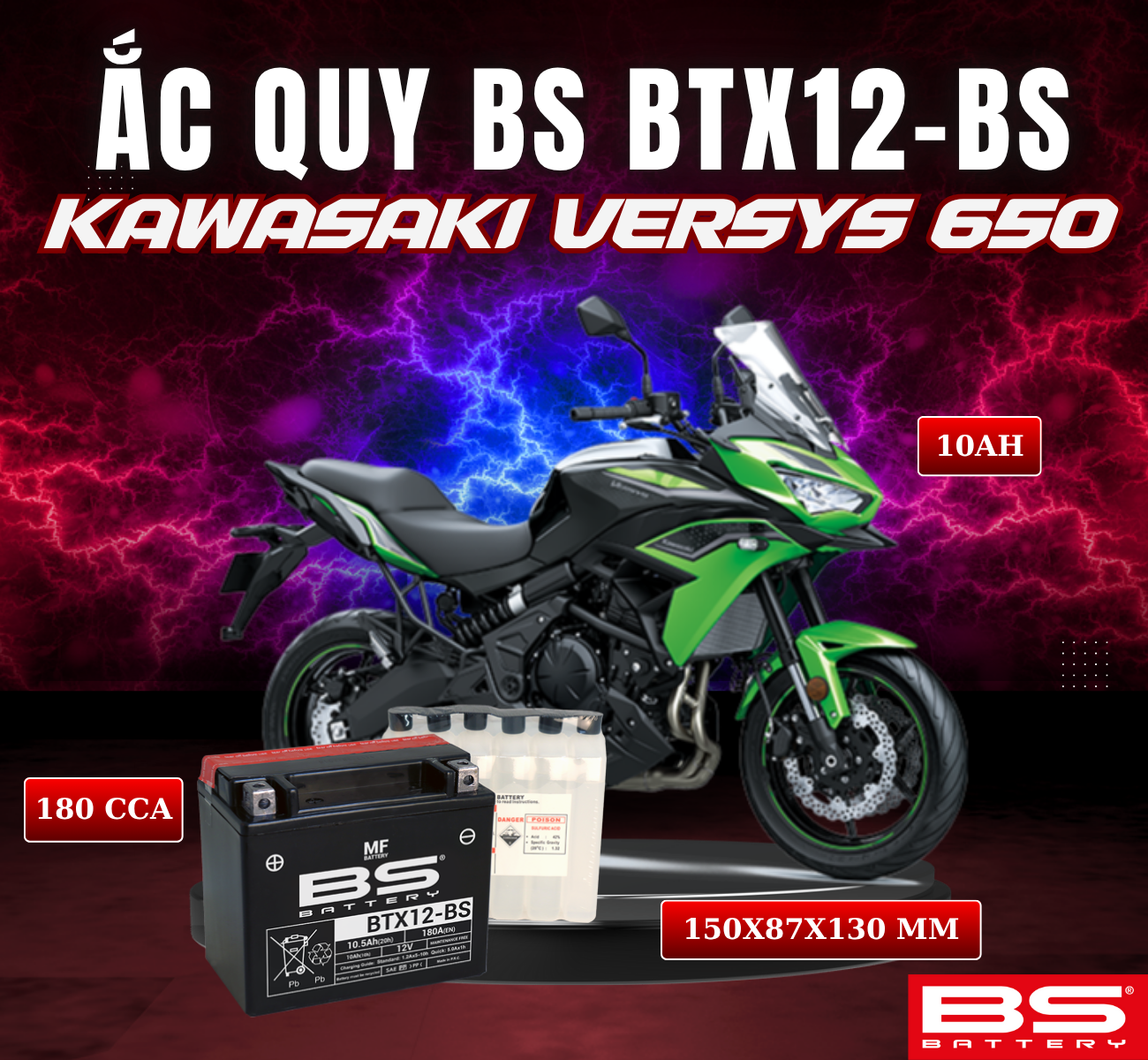 BÌNH ẮC QUY BS BTX12-BS 180CCA KAWASAKI VERSYS 650 08-19 (150x87x130 mm)