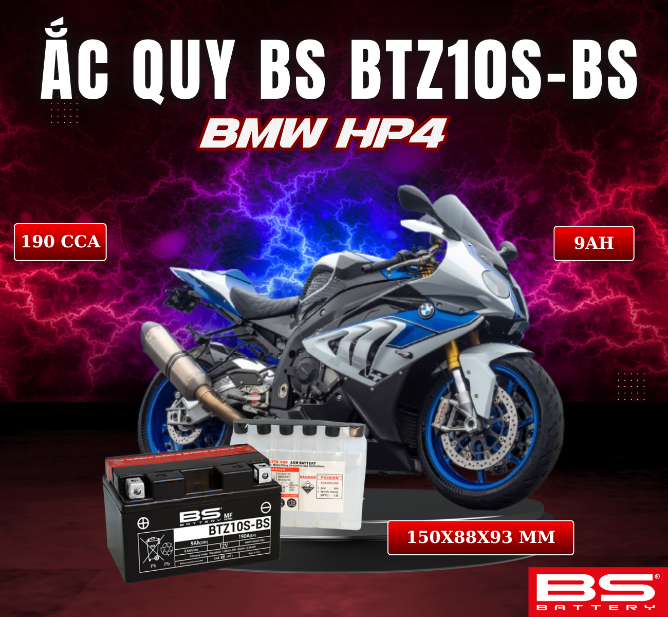 BÌNH ẮC QUY BS BATTERY BTZ10S-BS 190CCA BMW HP4 (150 x 88 x 93 mm)