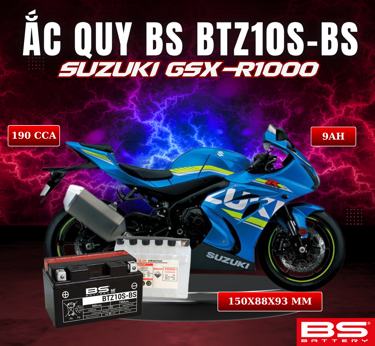 BÌNH ẮC QUY BS BATTERY BTZ10S-BS 190CCA SUZUKI GSX-R1000 (150 x 88 x 93 mm)