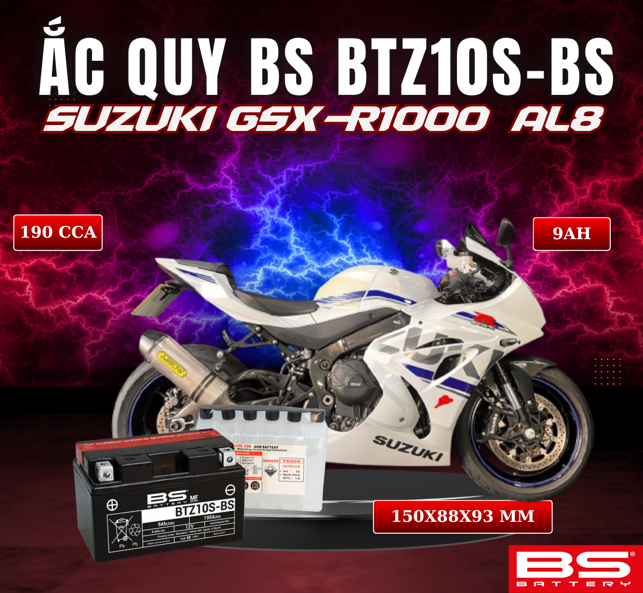 BÌNH ẮC QUY BS BATTERY BTZ10S-BS 190CCA SUZUKI GSX-R1000 AL8 (150 x 88 x 93 mm)