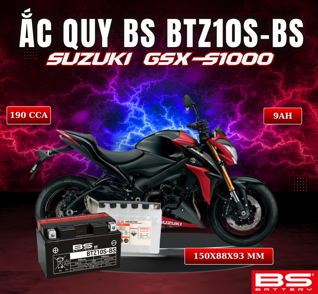 BÌNH ẮC QUY BS BATTERY BTZ10S-BS 190CCA SUZUKI GSX-S1000 (150 x 88 x 93 mm)