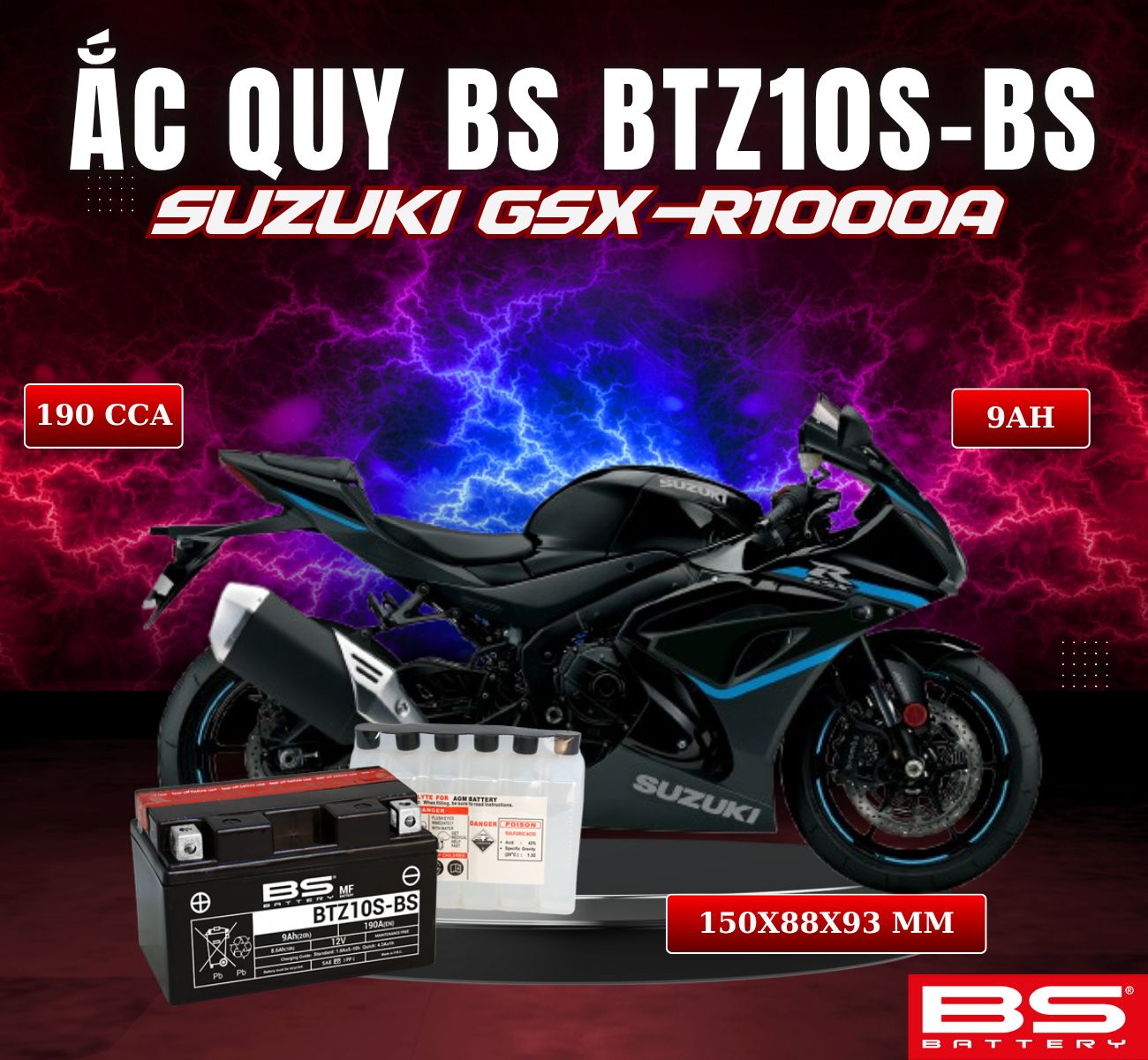 BÌNH ẮC QUY BS BATTERY BTZ10S-BS 190CCA SUZUKI GSX-R1000A (150 x 88 x 93 mm)